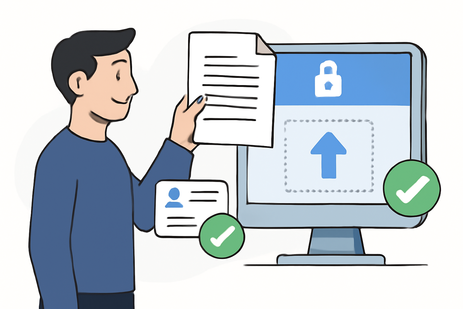 Investors uploading documents via a secure portal, with ID verification icons and digital checkmarks.