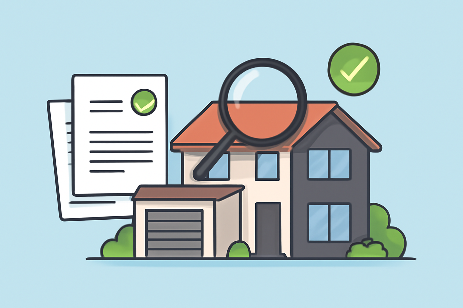 A modern real estate property with documents, magnifying glass, and digital checkmarks, symbolizing due diligence and evaluation.