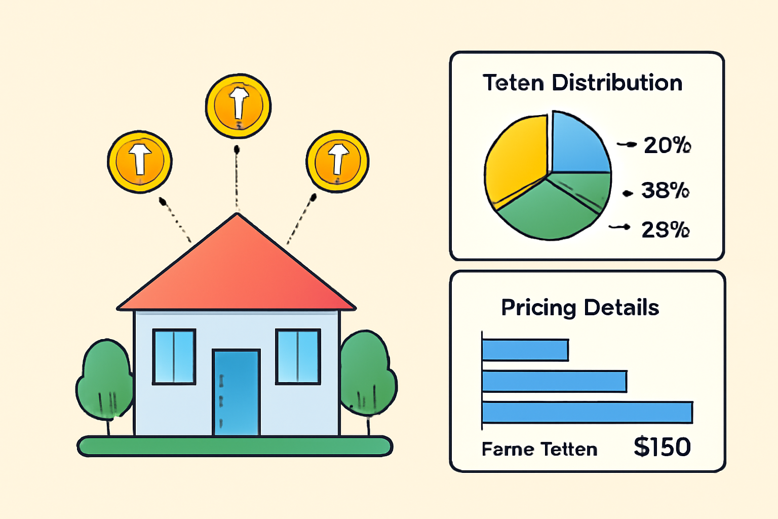 A property being transformed into digital tokens, with charts showing token distribution and pricing details.