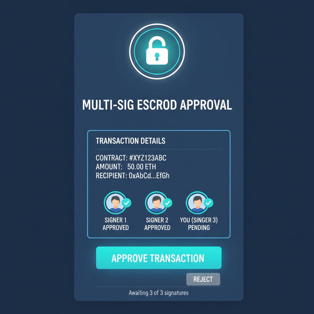 secure multi-sig escrow approval screen on blockchain wallet, professional interface, glowing lock icon