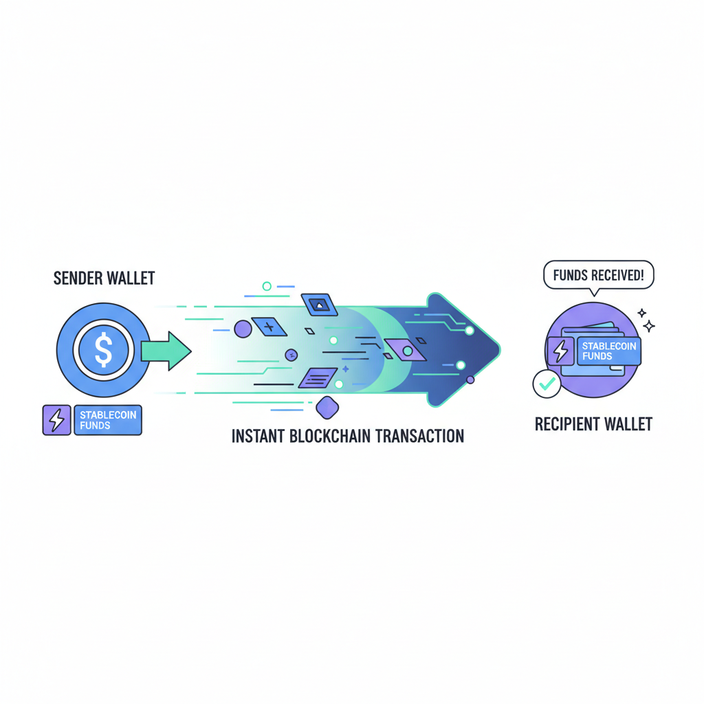 instant stablecoin funds release animation, blockchain transaction speeding to recipient wallet