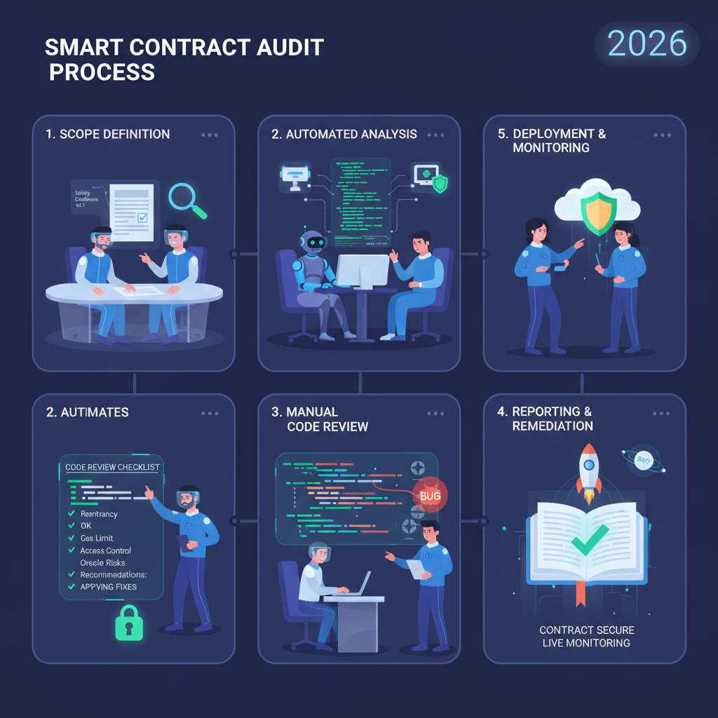 smart contract audit process, code review checklist, blockchain security experts analyzing Solidity code, futuristic 2026 style