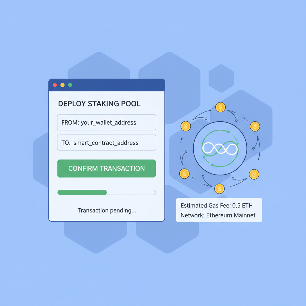 deploying staking pool smart contract on blockchain, transaction confirmation screen, DeFi liquidity pool visualization