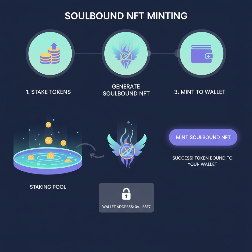 soulbound NFT minting interface, non-transferable token bound to wallet, glowing ethereal NFT emerging from staking pool
