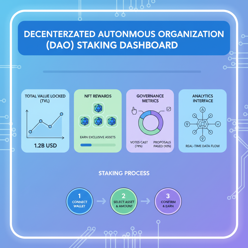 comprehensive DAO staking dashboard, charts of TVL NFT rewards governance metrics, futuristic analytics interface
