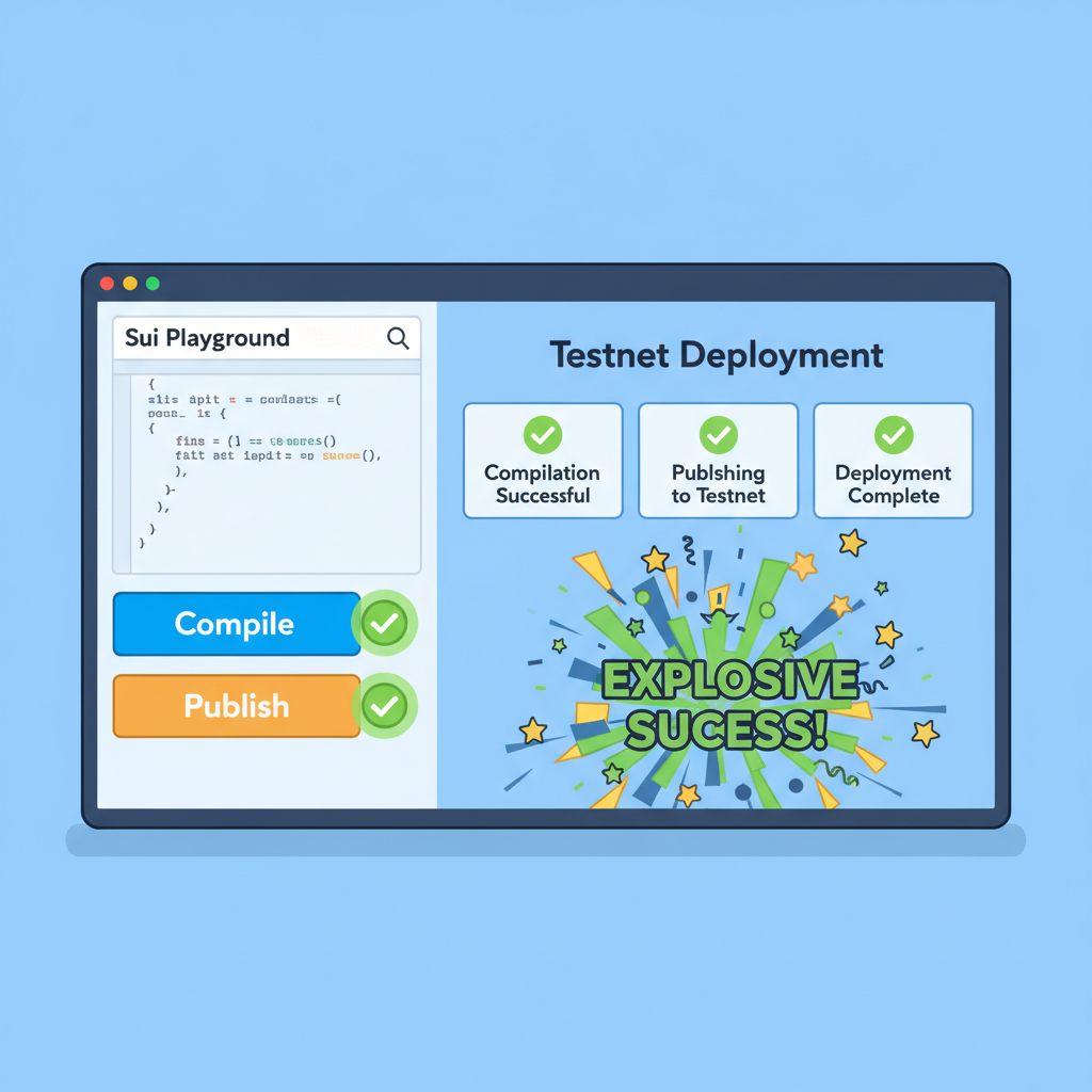 Sui Playground compile and publish buttons active, success green checkmarks, testnet deployment screen, explosive success animation