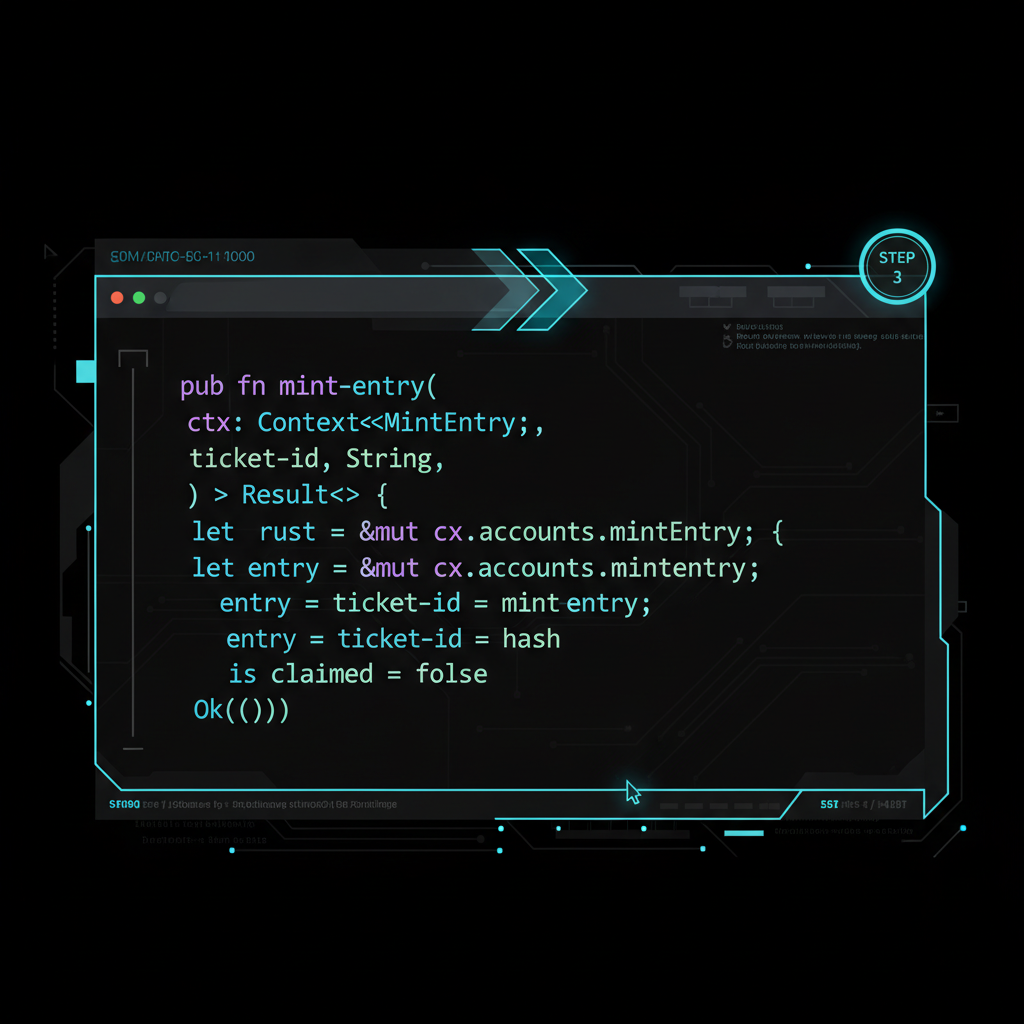 Move code snippet implementing mint entry function for NFT, glowing syntax highlight, dark theme editor, cyberpunk style