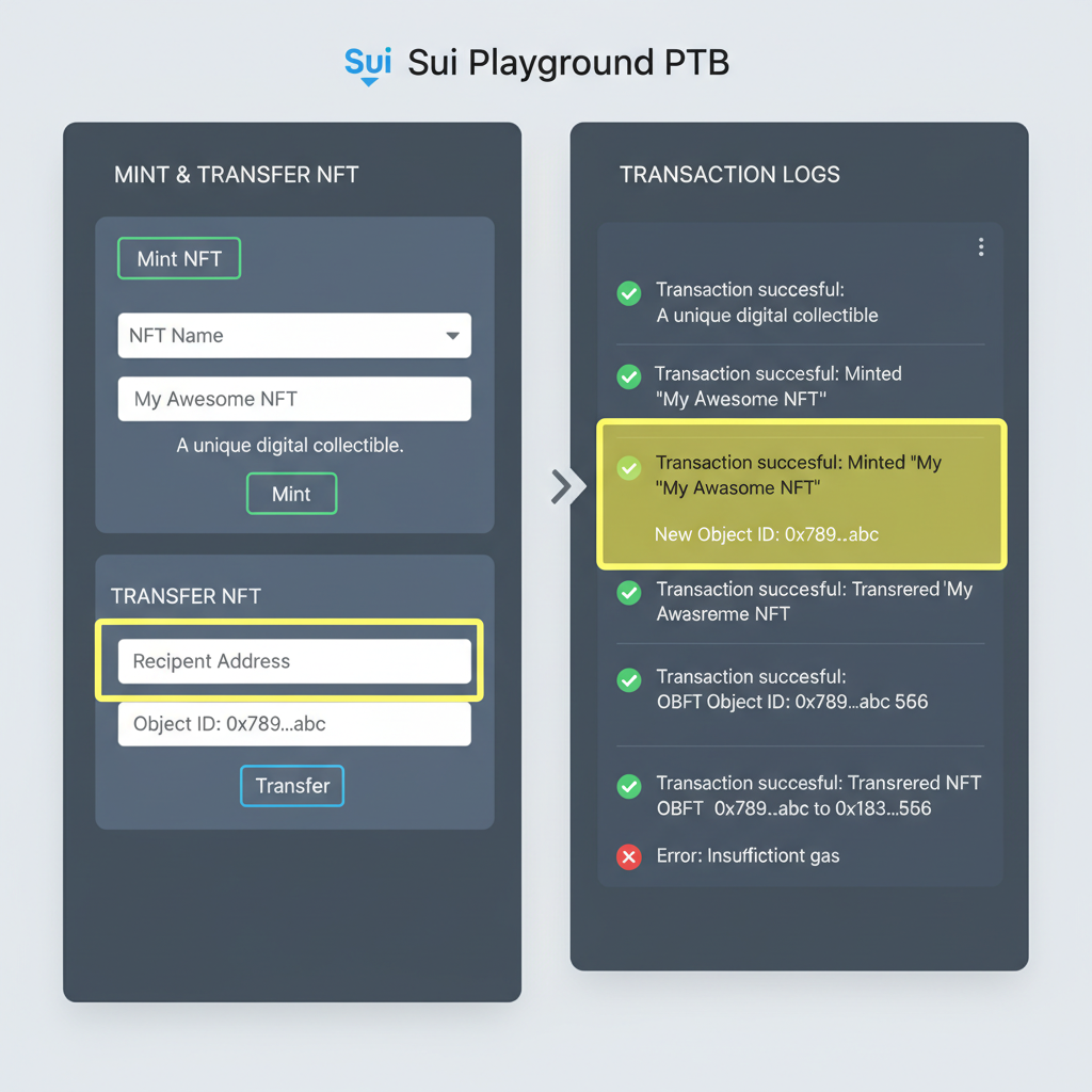 Sui Playground PTB console minting and transferring NFT, transaction logs, object IDs highlighted, dynamic console interface