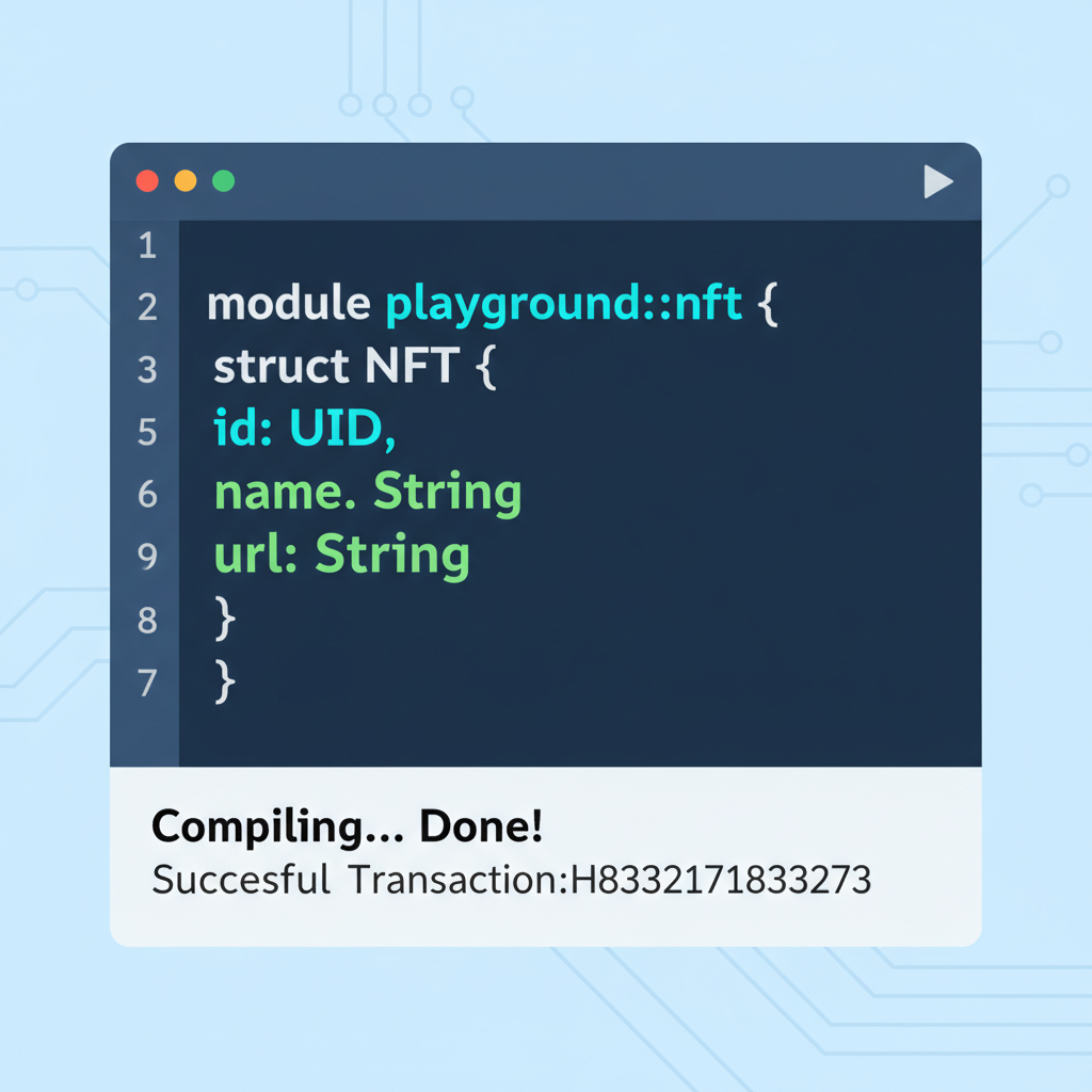 Code editor in Sui Playground defining NFT struct with fields id name url, syntax highlighted Move code, bold futuristic font