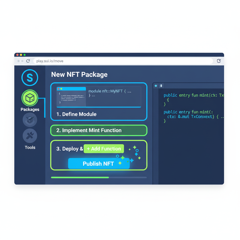 Sui Move Playground interface creating new NFT package, browser screenshot, vibrant blues and greens, energetic UI highlights