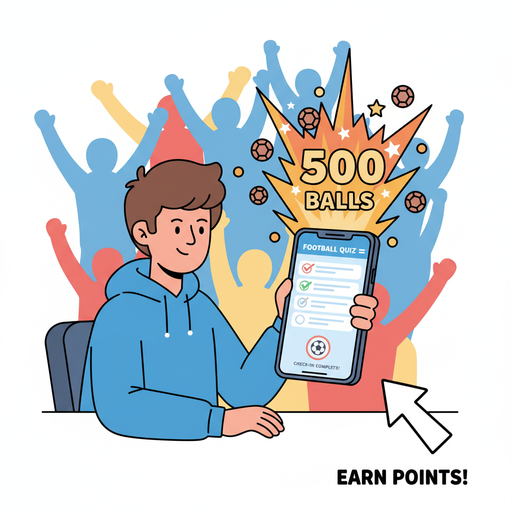 user completing football quizzes and check-ins on app, BALLS points exploding, energetic crowd background