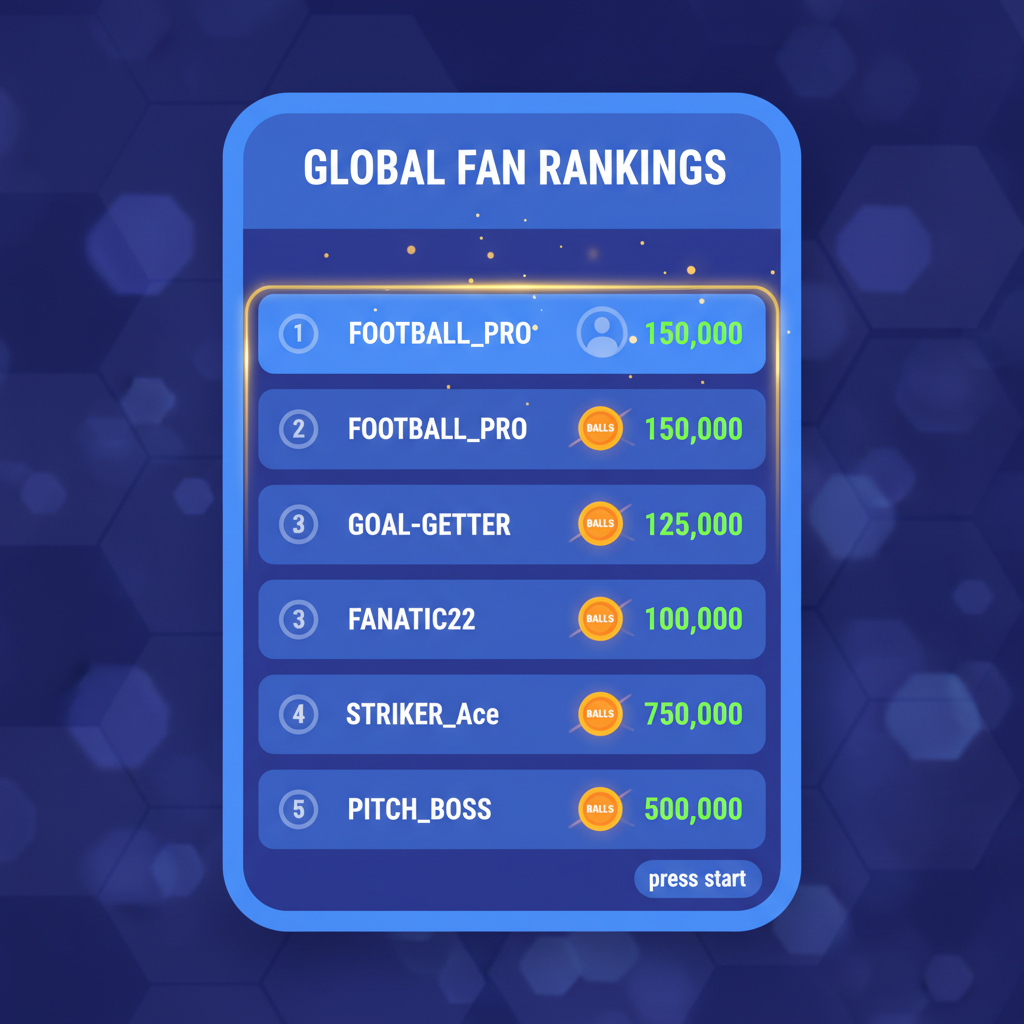 interactive leaderboard screen with football fans rankings, glowing BALLS counters, competitive vibe