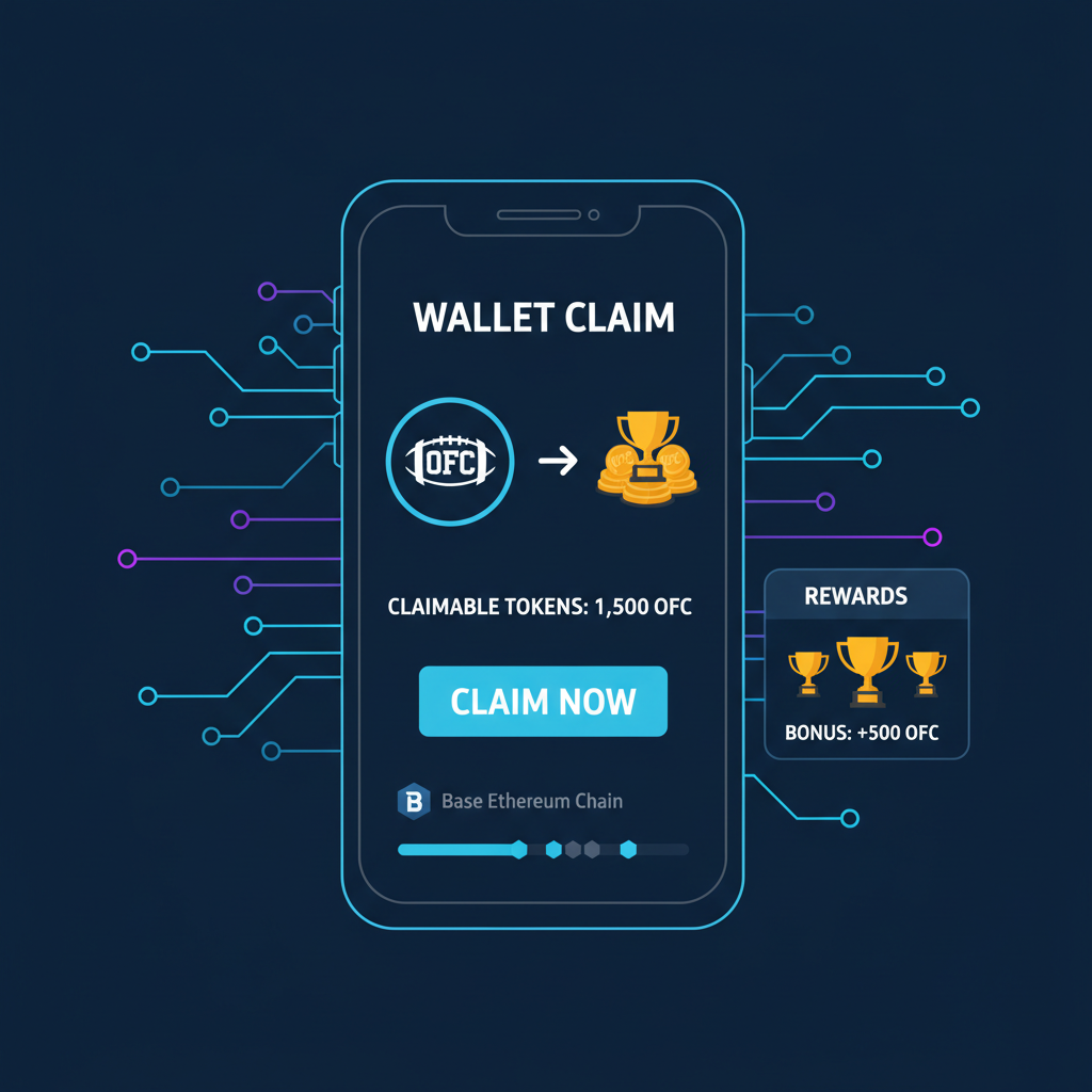wallet claiming OFC tokens on Base Ethereum chain, football trophy rewards, futuristic blockchain interface