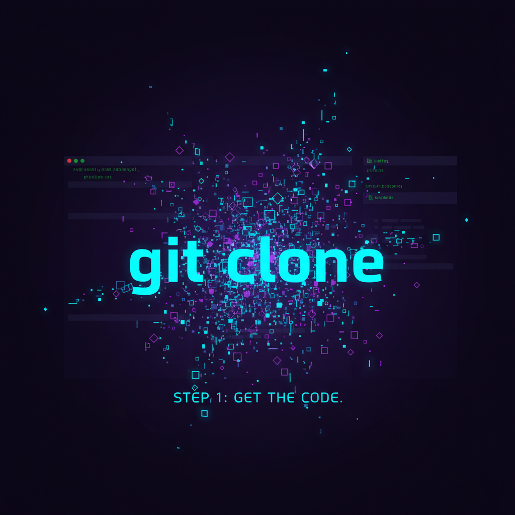 holographic git clone command exploding into code particles, neon cyberpunk terminal, futuristic vibe