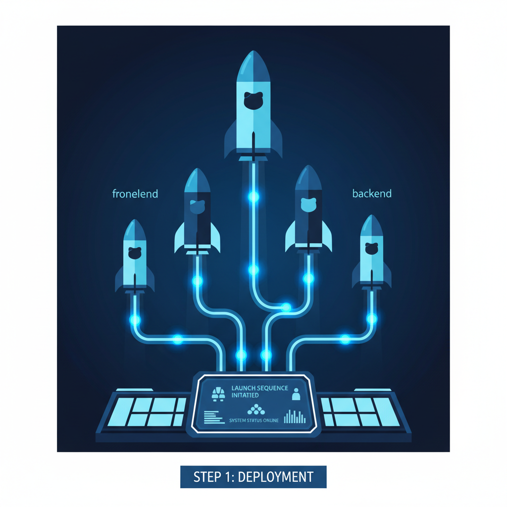 docker containers launching like rockets, interconnected frontend backend tunnel nodes glowing blue, high-tech dashboard