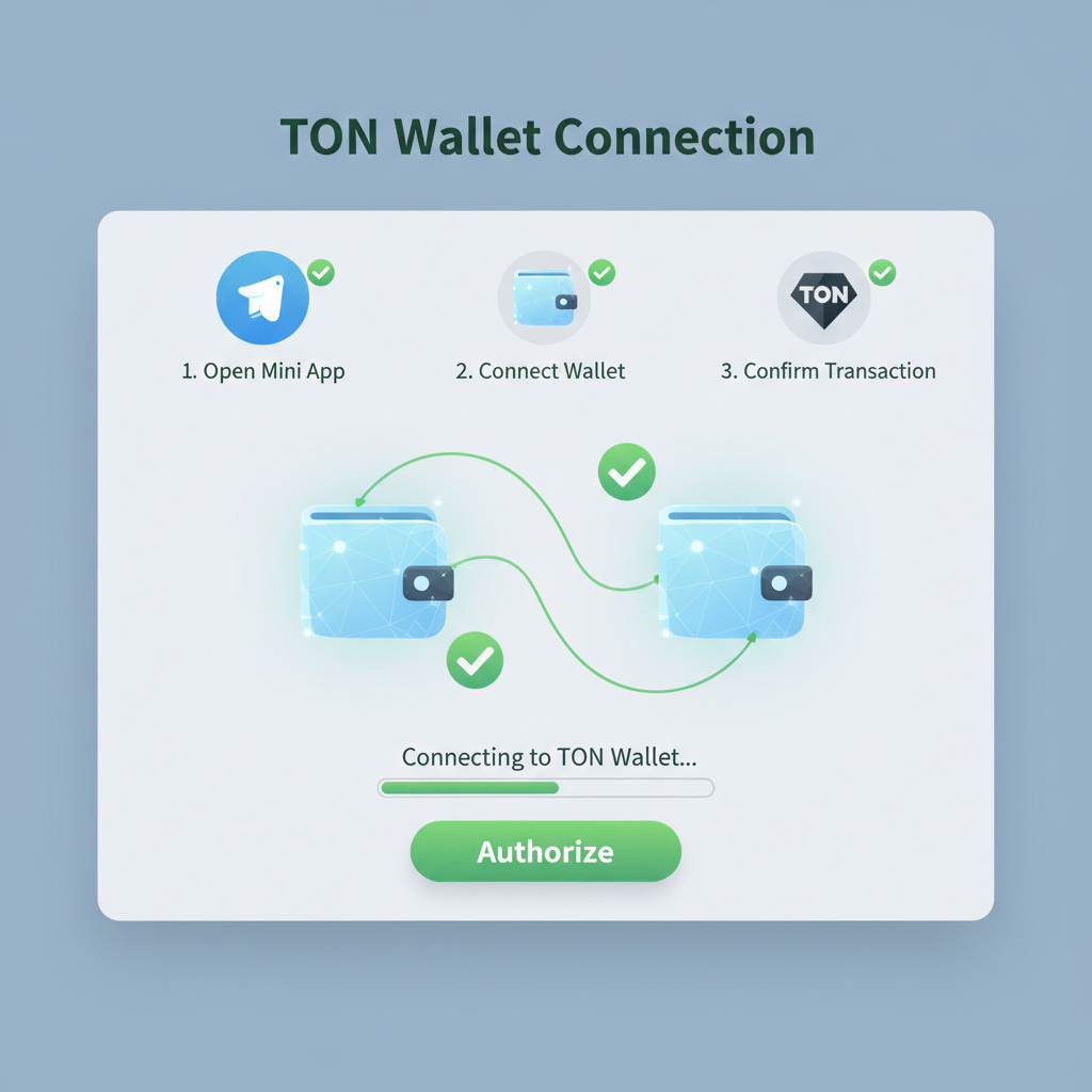 Telegram Mini App screen with TON wallet connecting, green validation checks, holographic wallet icons linking