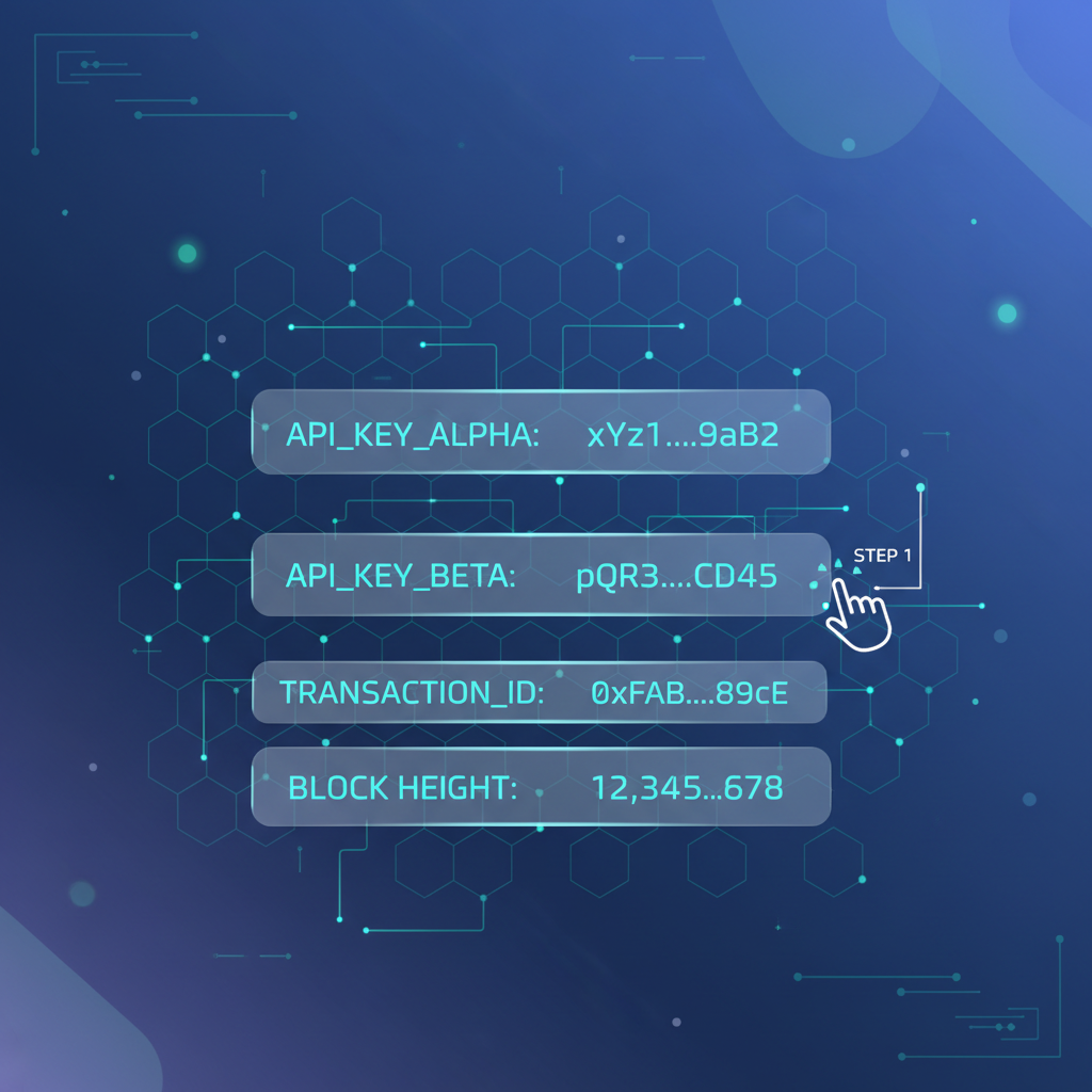sleek futuristic dashboard with API keys glowing on blockchain interface