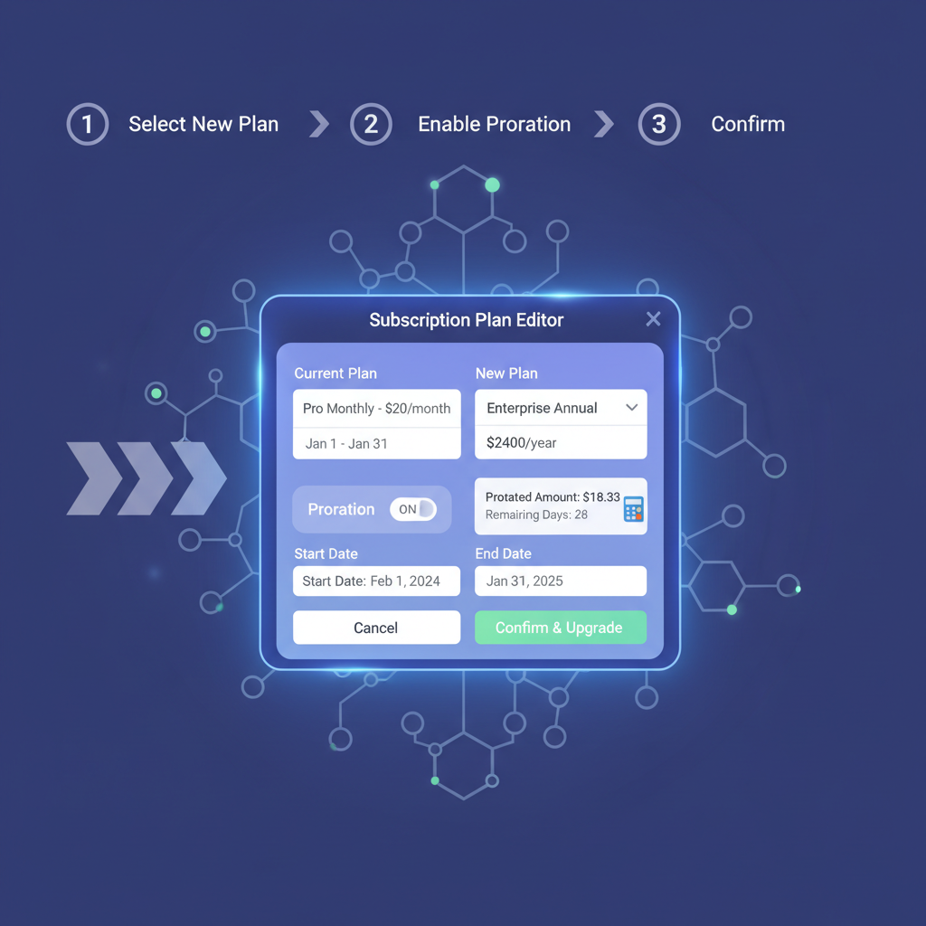 subscription plan editor with proration calculator on glowing Web3 UI