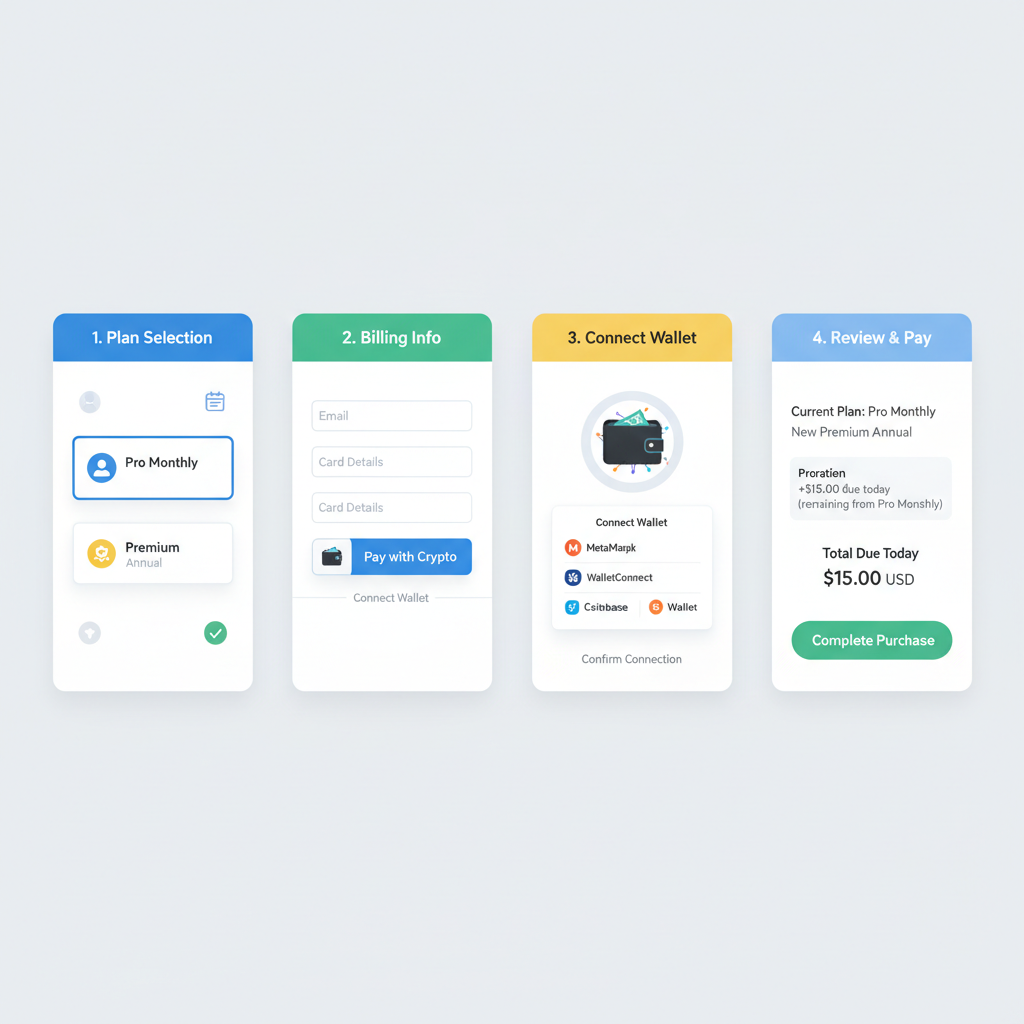 modern web app checkout flow with crypto wallet connect and proration display