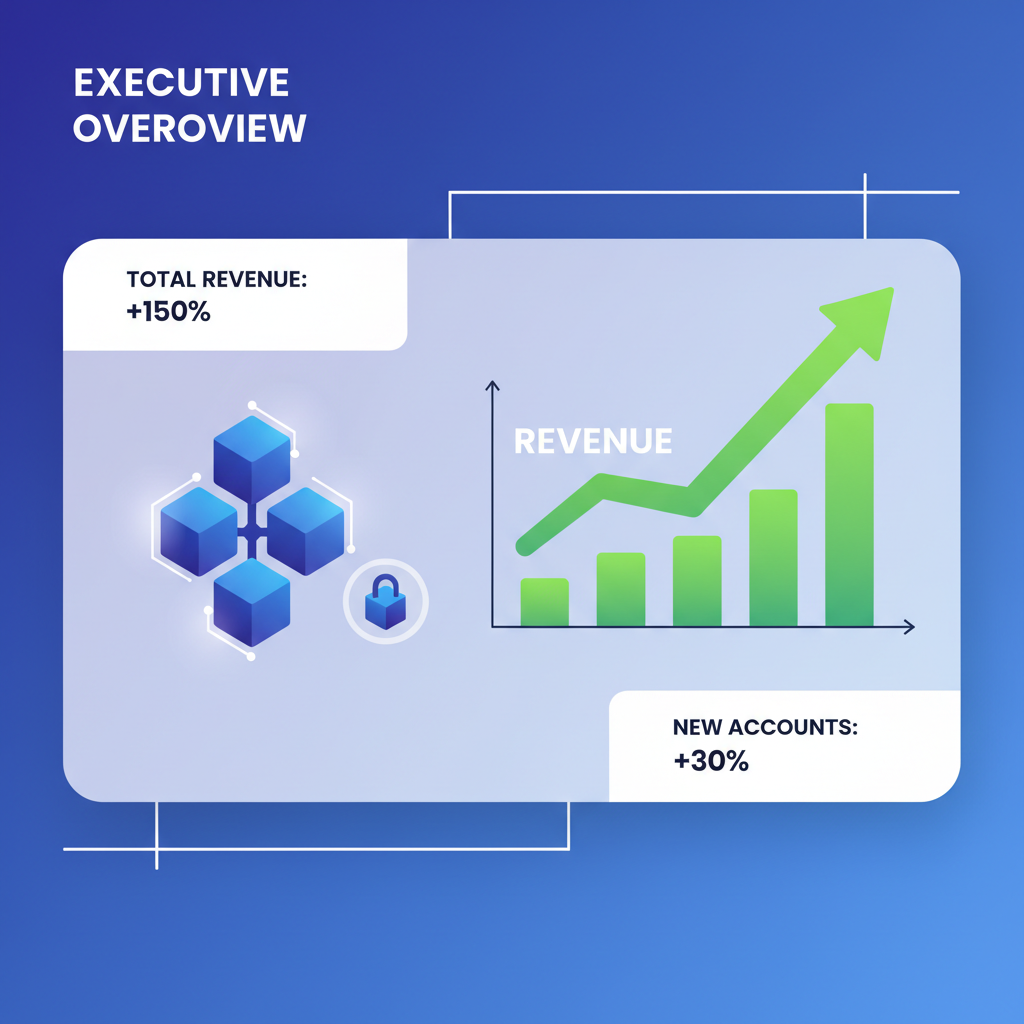 executive dashboard with skyrocketing revenue charts and blockchain icons