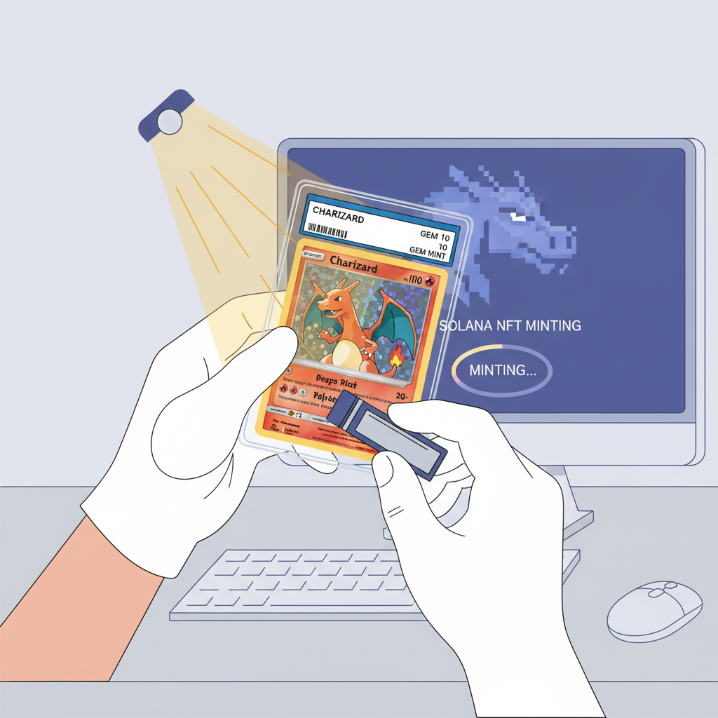 expert hands authenticating PSA-graded Charizard Pokémon card under light, adjacent Solana NFT minting screen glowing