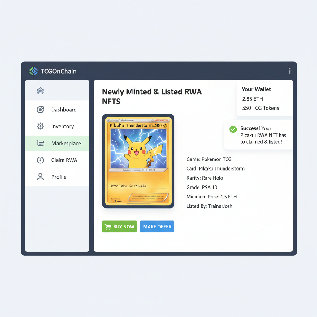 TCGOnChain dashboard showing newly minted Pokémon RWA NFT claimed and listed on marketplace with trade buttons active
