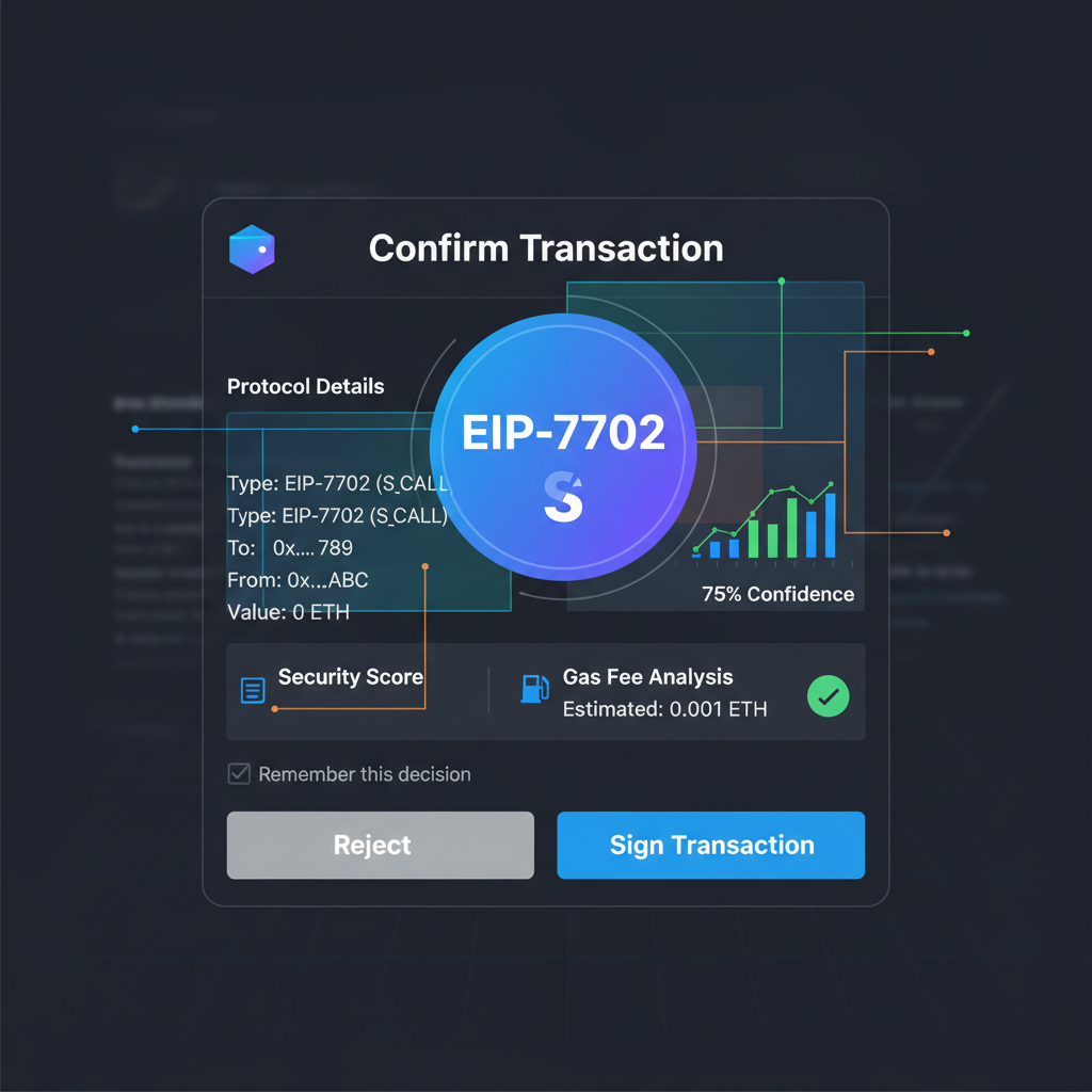 signing EIP-7702 transaction modal, wallet signature screen, analytical overlay
