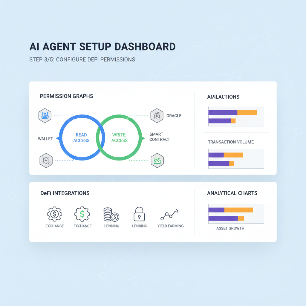 AI agent setup dashboard, permission graphs, DeFi icons, analytical charts