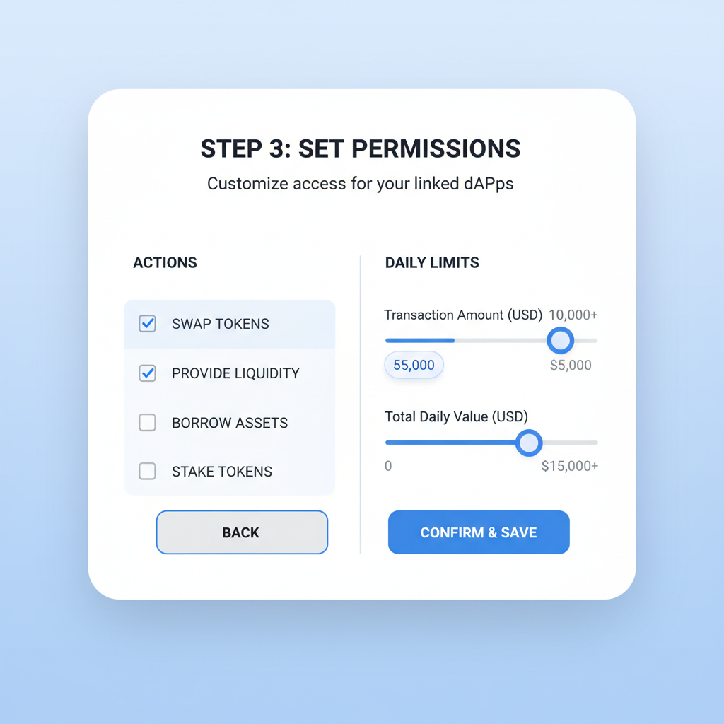 permissions setup interface with checkboxes for DeFi actions, sliders for limits