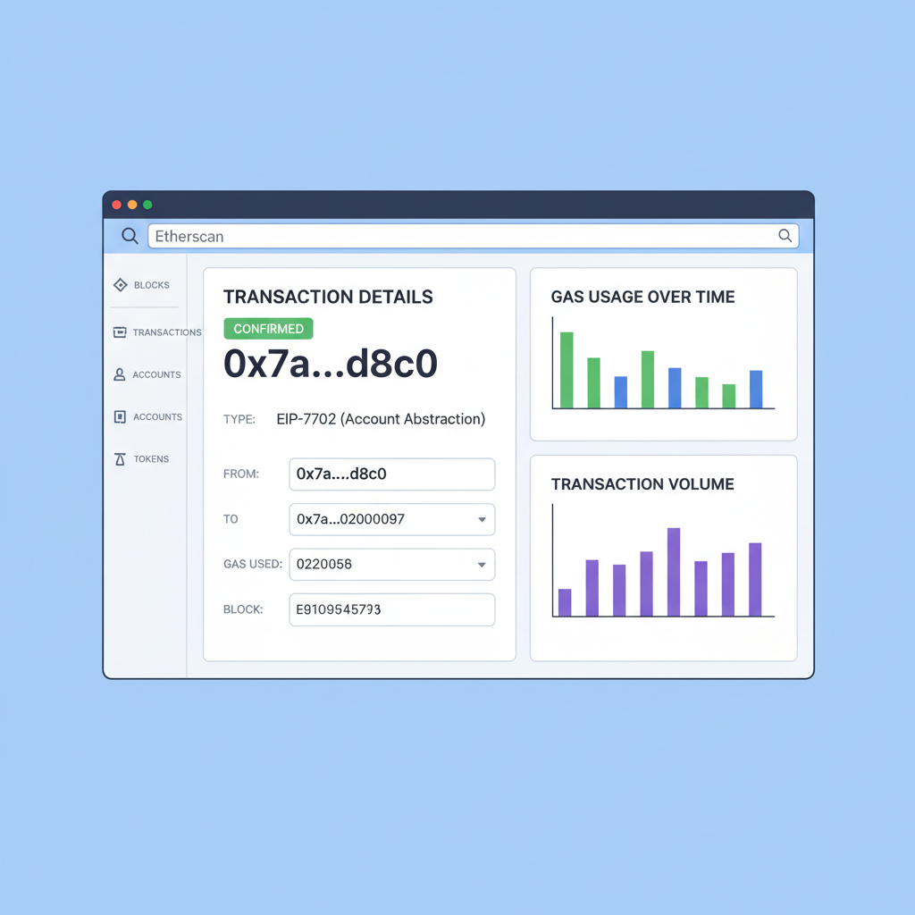 block explorer showing confirmed EIP-7702 tx, charts and details