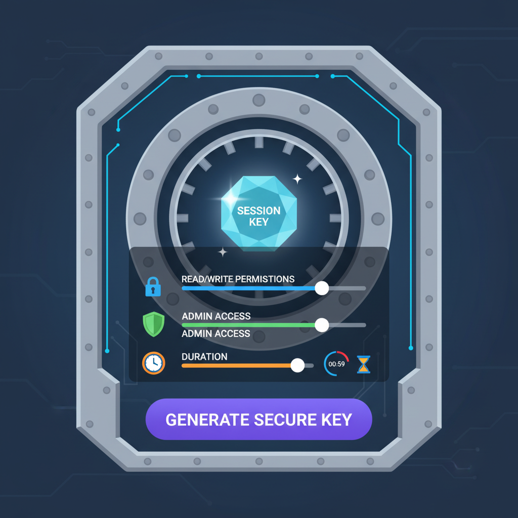 session key generation UI, permission sliders, timer icons, secure vault aesthetic