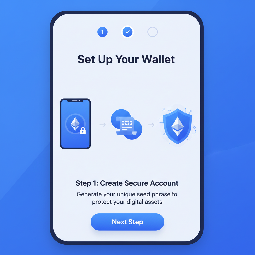 modern mobile wallet app installation screen, clean UI, Ethereum icons, blue tones