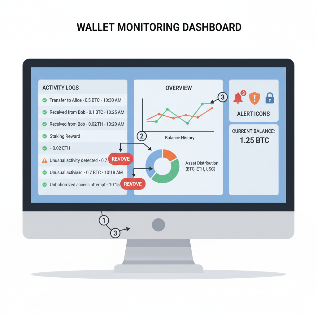 wallet monitoring dashboard, activity logs, revoke button, alert icons