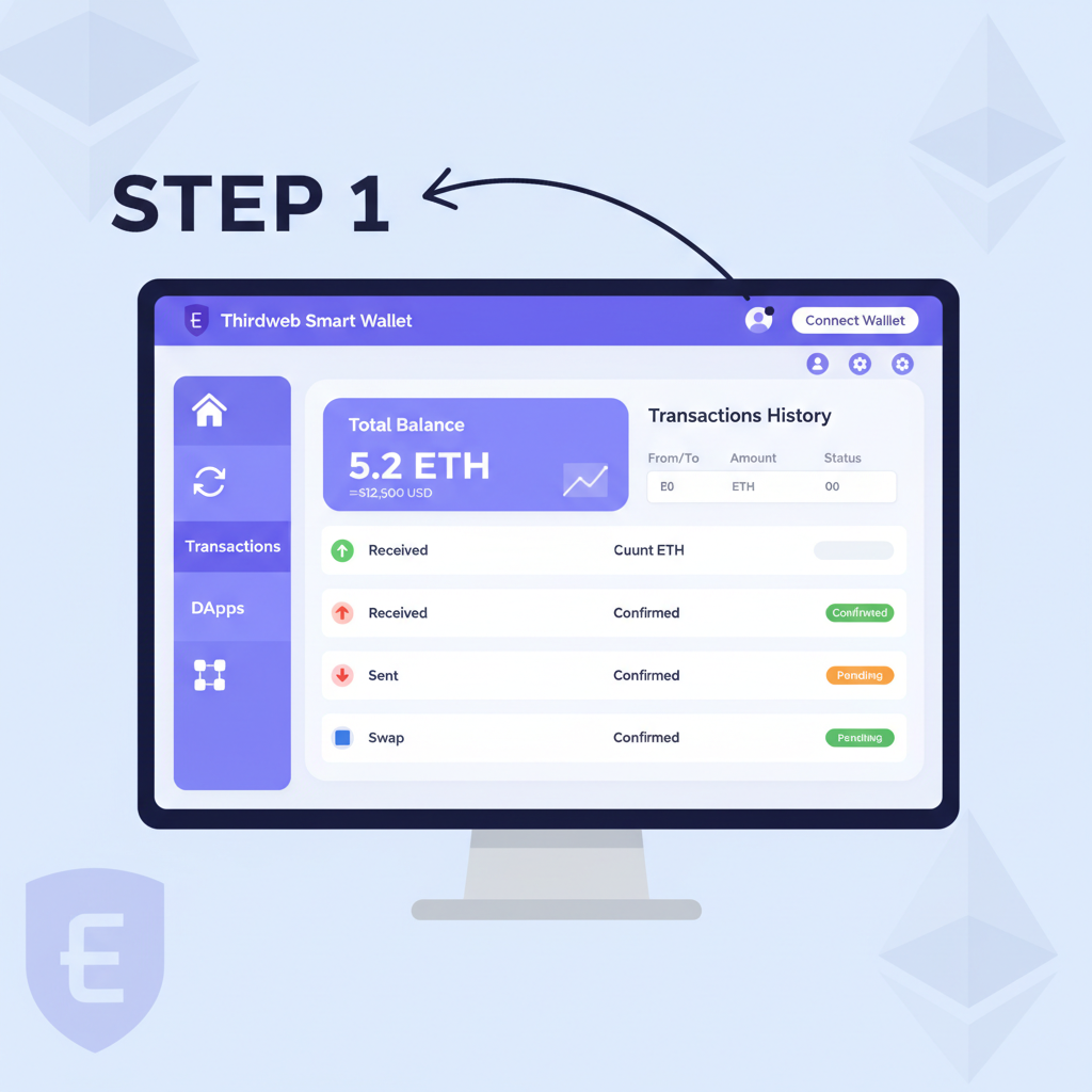 clean UI of thirdweb or Gelato smart wallet dashboard on desktop, ethereum theme, professional