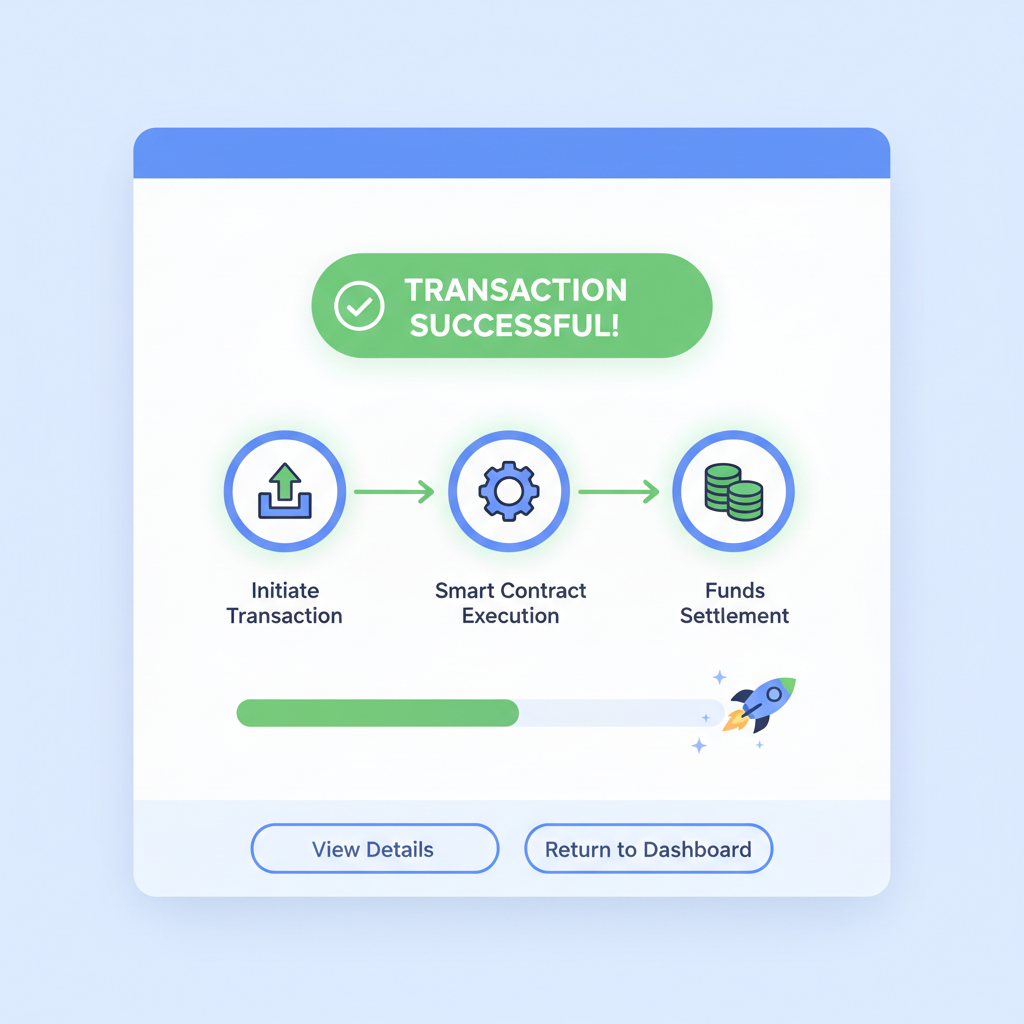 DeFi automation test screen, transaction flow diagram, success animation
