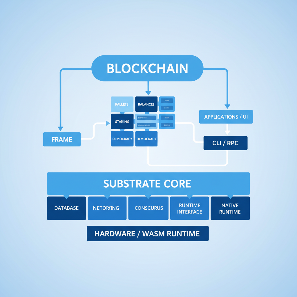 Substrate blockchain modular architecture diagram, clean tech style, blues and whites