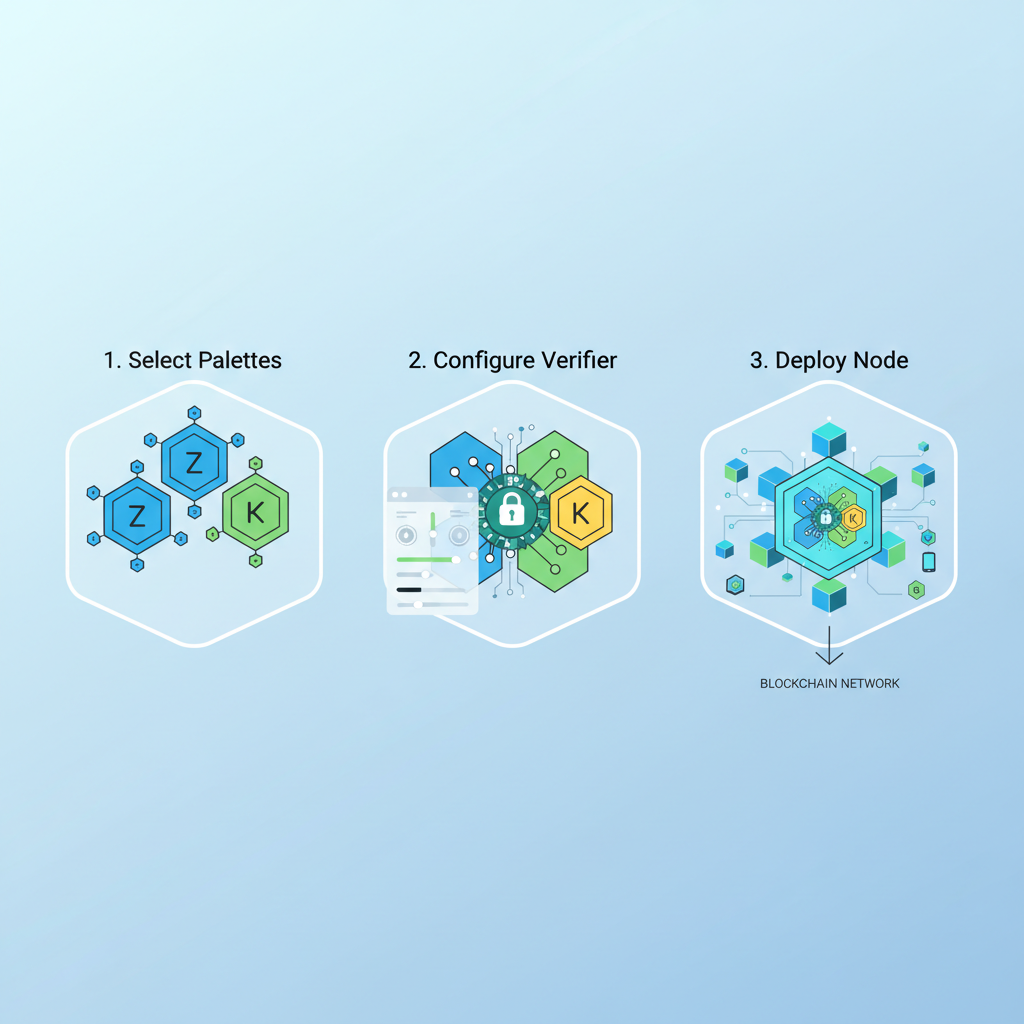 Customizable ZK verifier pallets icons assembling, futuristic blockchain nodes