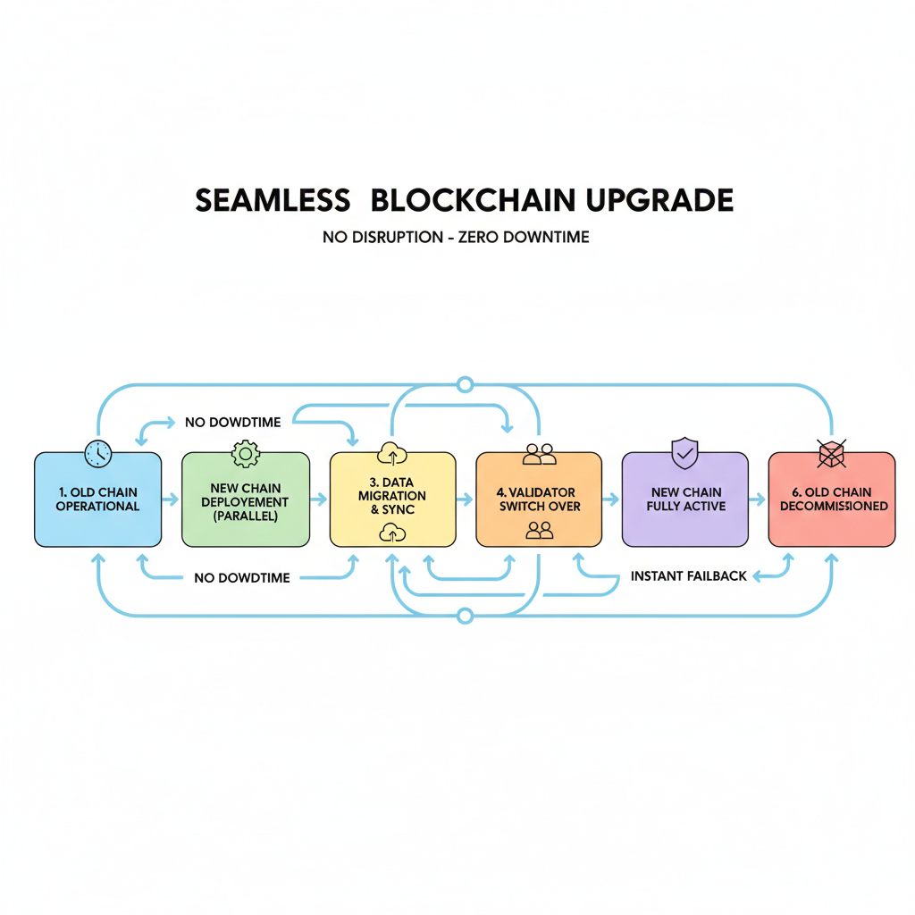 Seamless blockchain upgrade process flowchart, arrows showing no disruption