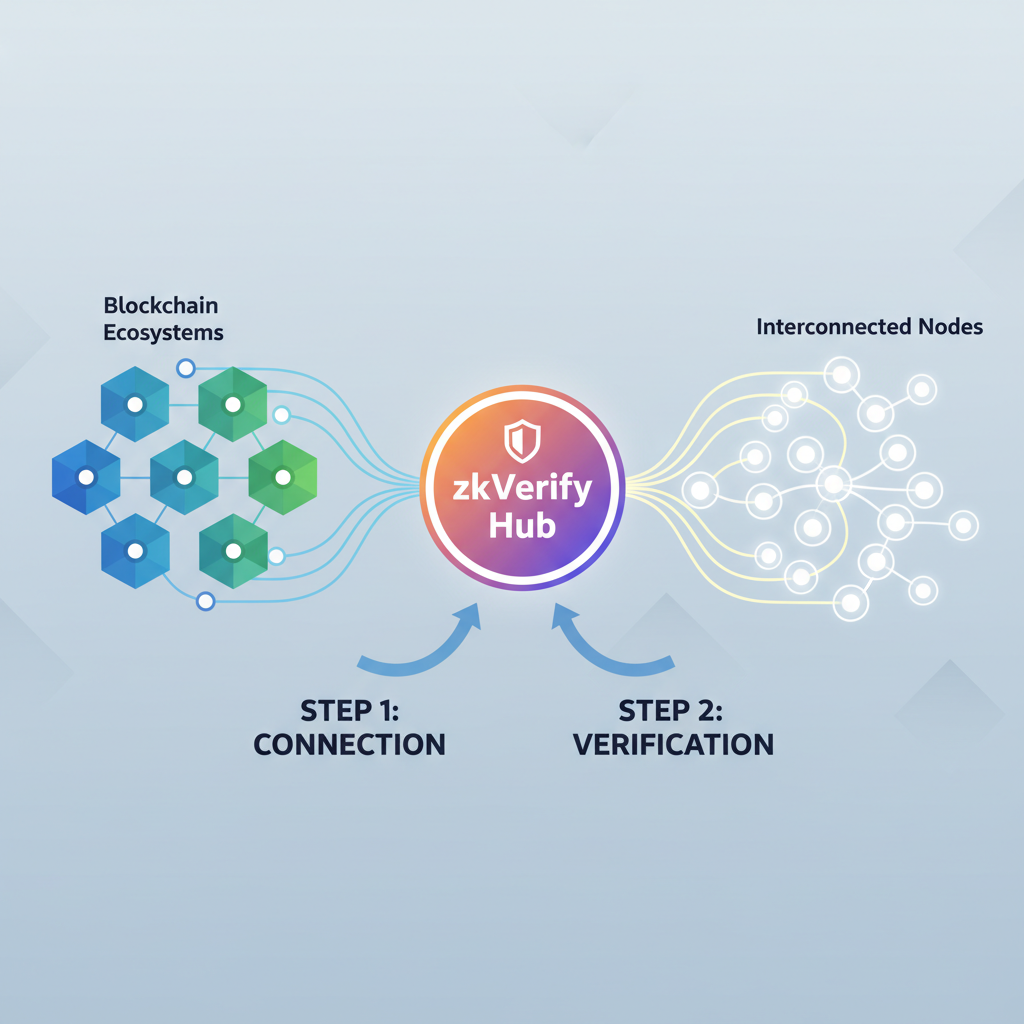 Blockchain ecosystems integrating with zkVerify hub, interconnected nodes glowing