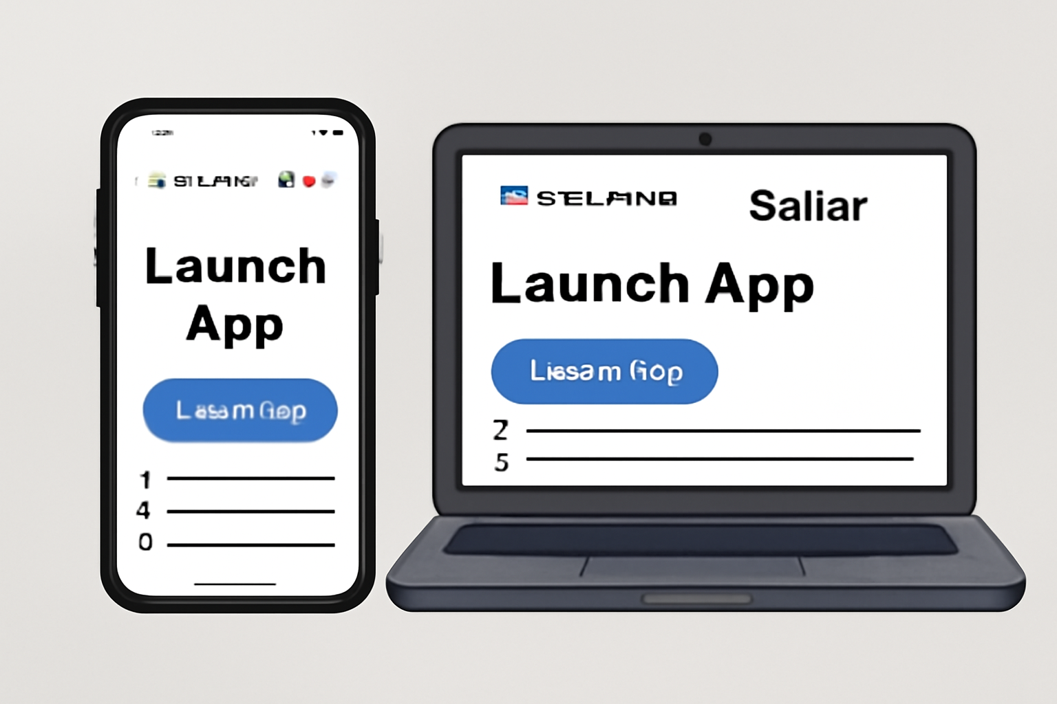 A smartphone and laptop displaying the Sallar website with a prominent 'Launch App' button, clean and modern UI, Solana and Sallar logos visible, digital style