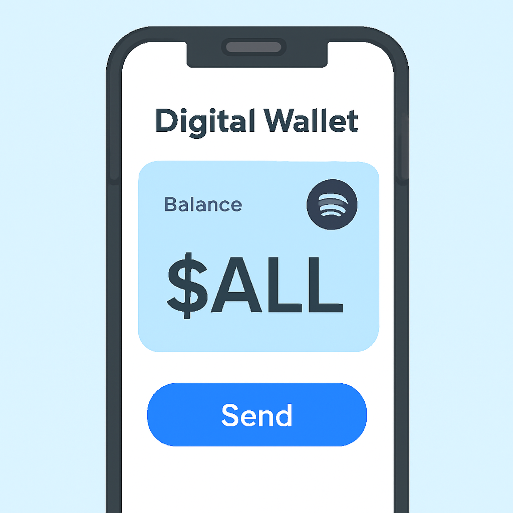 A digital wallet interface on a smartphone, showing a balance of $ALL tokens, Solana logo in the corner, secure and user-friendly design