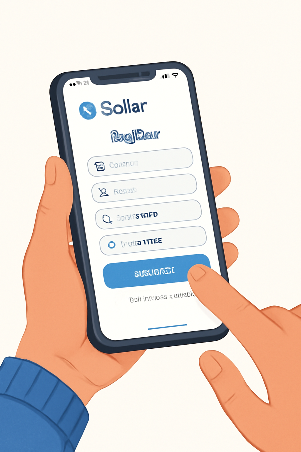 A user filling out a registration form on the Sallar app interface on a smartphone, clear input fields, secure and inviting design