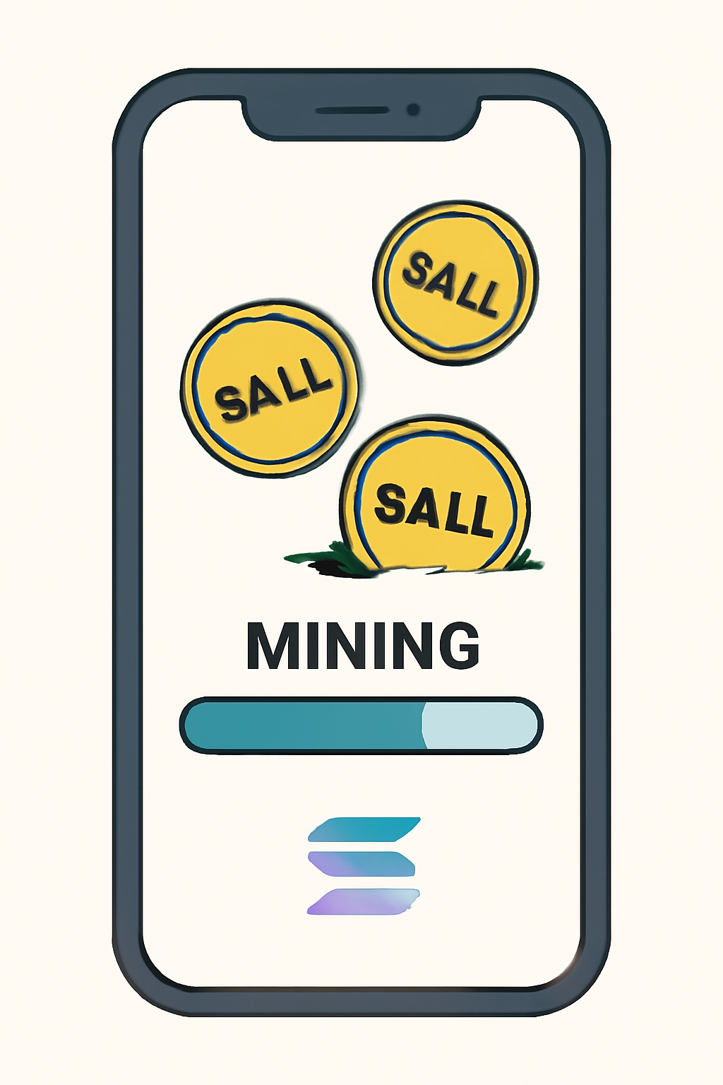 A smartphone with digital coins labeled '$ALL' appearing on the screen, progress bar showing mining activity, subtle Solana branding