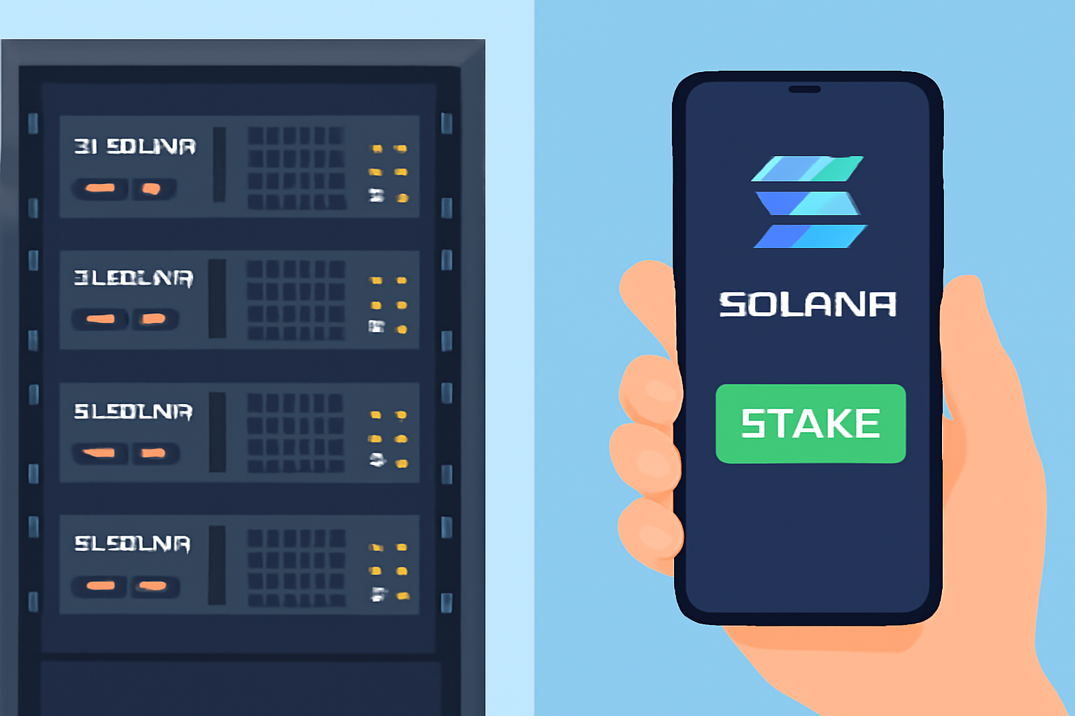 A split image: left side shows a rack of powerful servers for Solana validator; right side shows a hand holding a smartphone with the Sallar app interface.