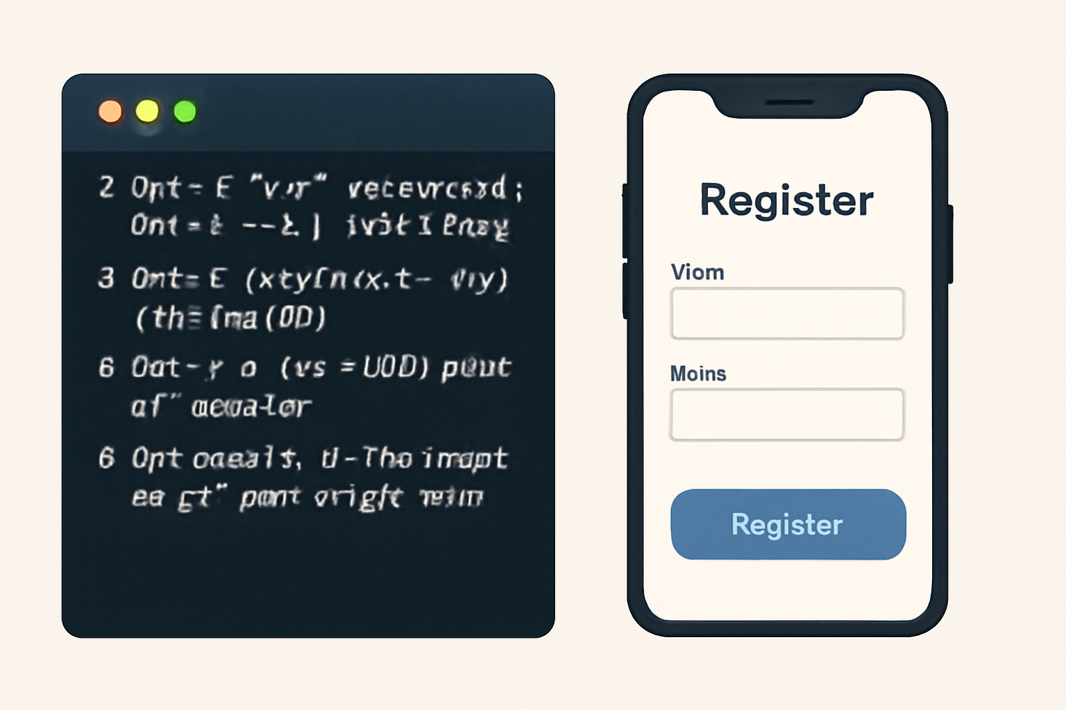Side-by-side: left shows a terminal window with complex commands; right shows a simple mobile app registration screen.
