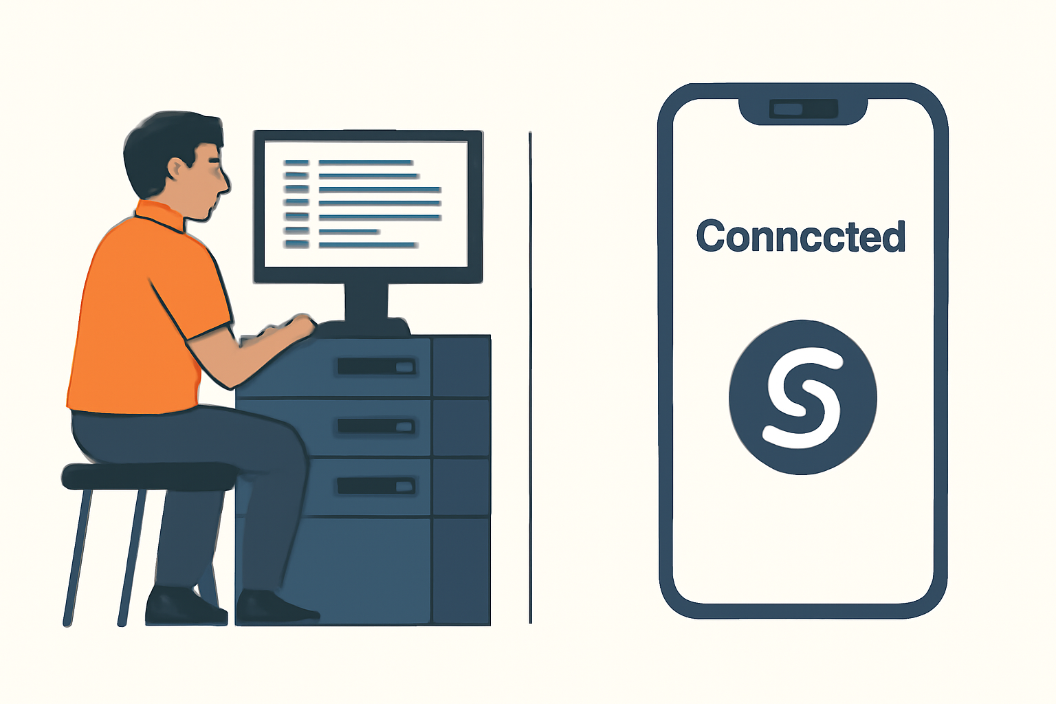 Left: a technician monitoring server logs; right: a smartphone with a 'Connected' status and Sallar logo.