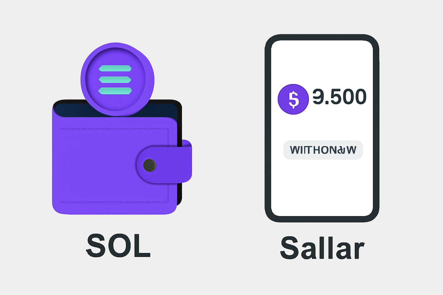 Left: a digital wallet with SOL tokens; right: a mobile wallet showing Sallar tokens and a withdrawal button.