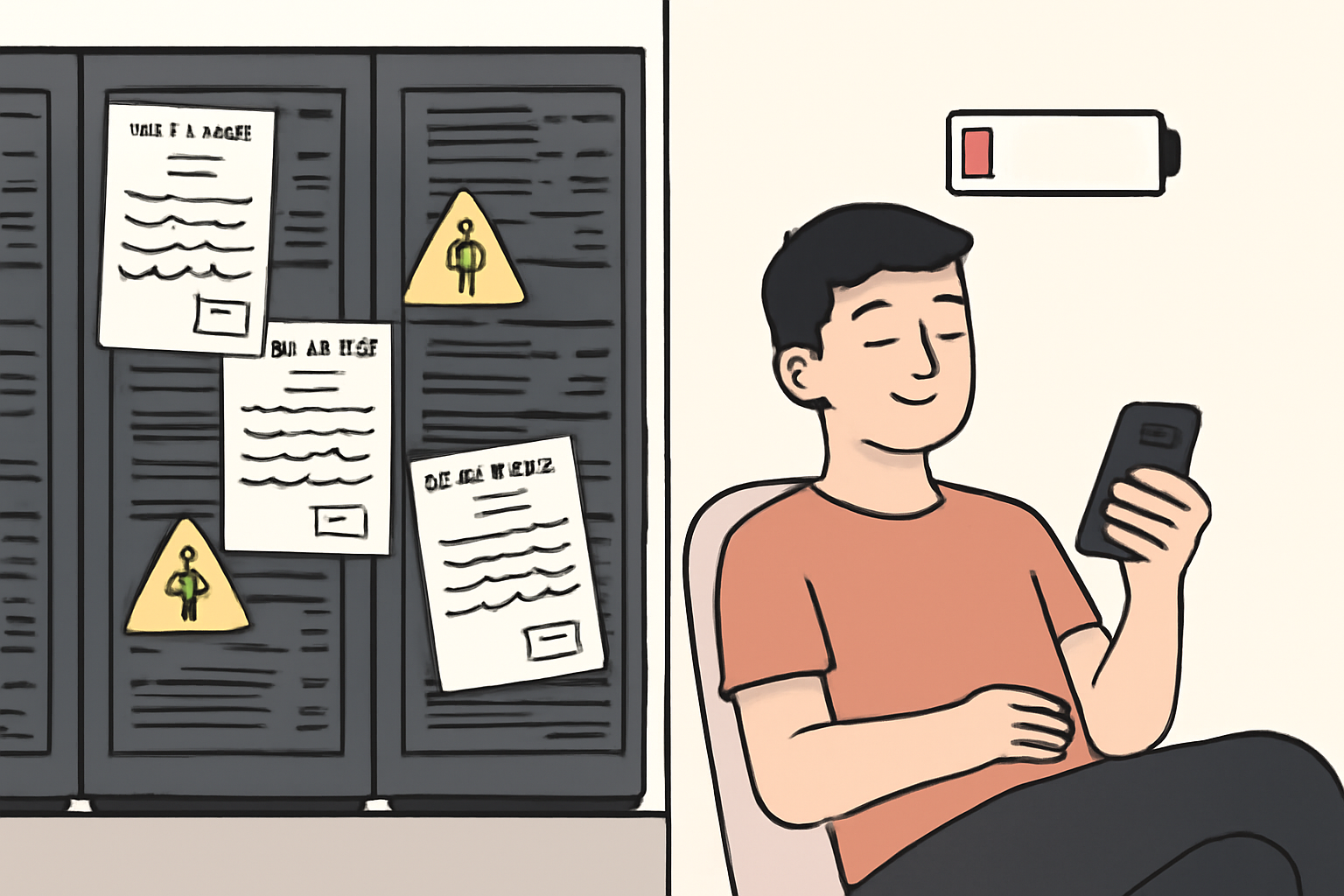 Left: a server room with electricity bills and warning signs; right: a relaxed user with a smartphone and a low battery icon.