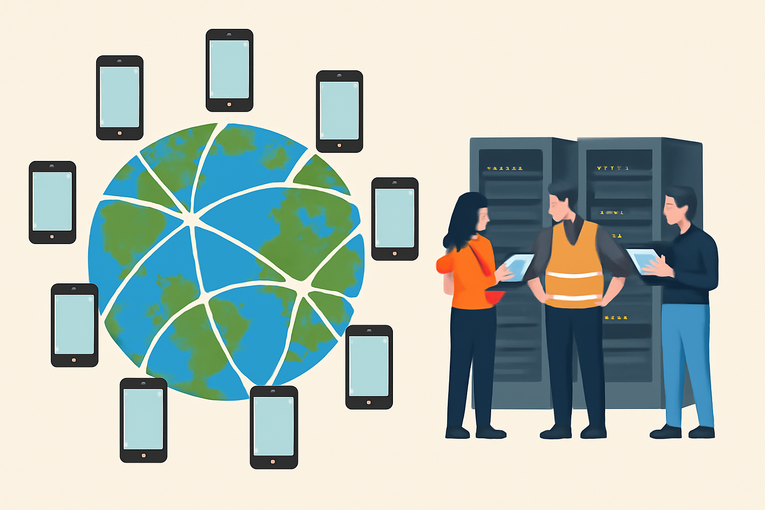 A globe with many smartphones connected by network lines, contrasted with a small group of server admins in a data center.