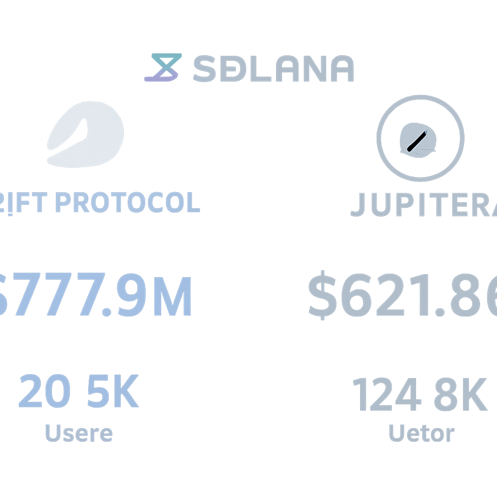 A sleek dashboard comparison of Drift Protocol and Jupiter DEX logos, with Solana branding, highlighting trading volumes and user stats.